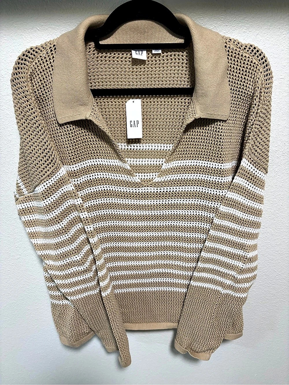 NWT Gap Relaxed Stripe Crochet Collared Sweater - Brown & White - XXL